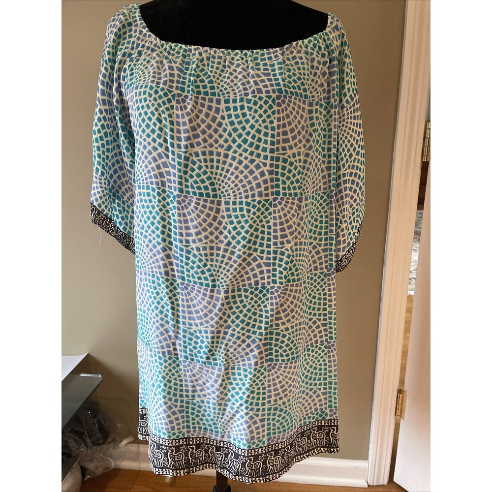 Tolani Silk Crepe Printed 3/4 Sleeve Shift Dress Size XS blue g READ DESCRIPTION